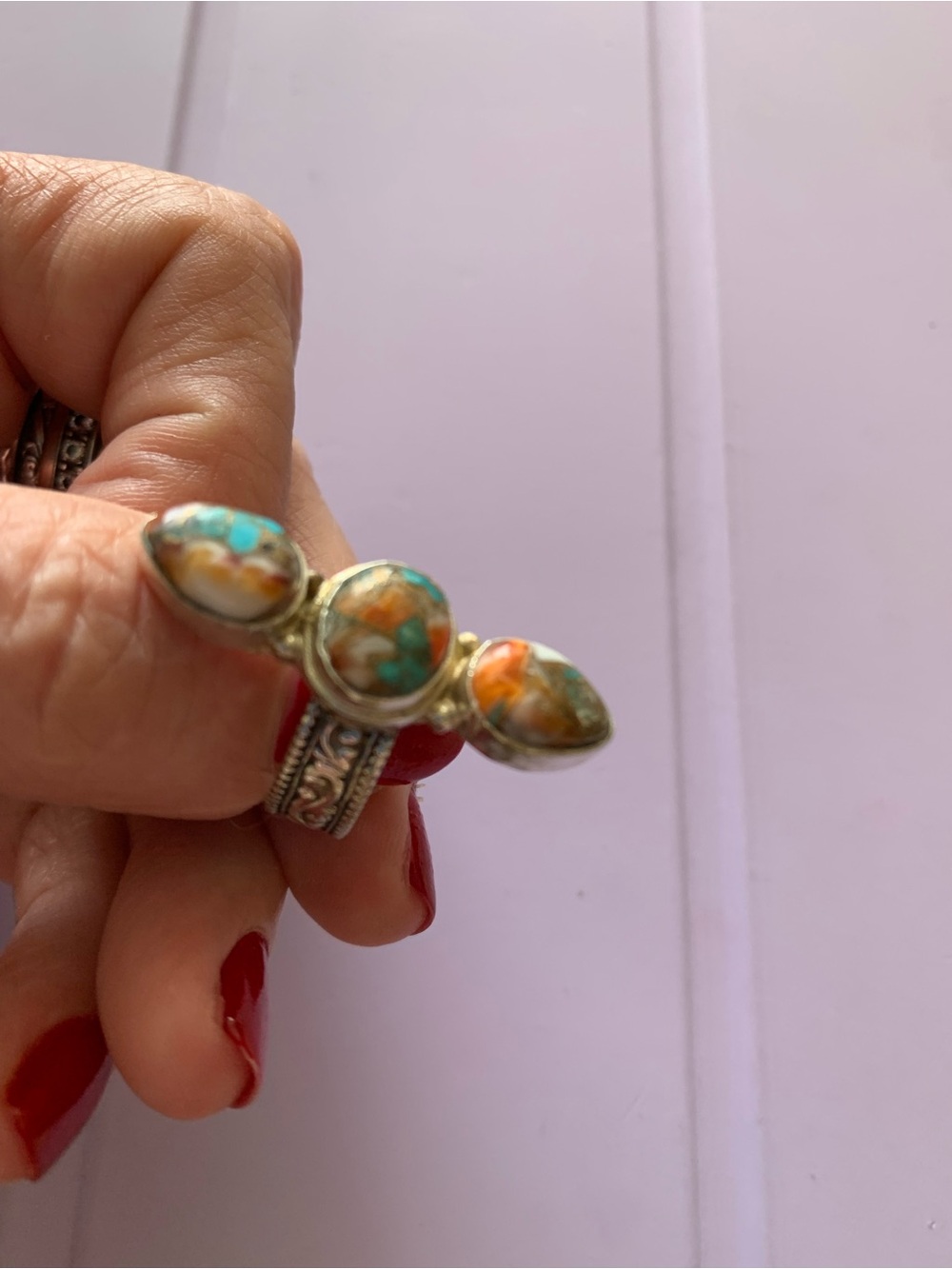 Triple Stone Turquoise & Orange Mixed-Stone Silver Ring